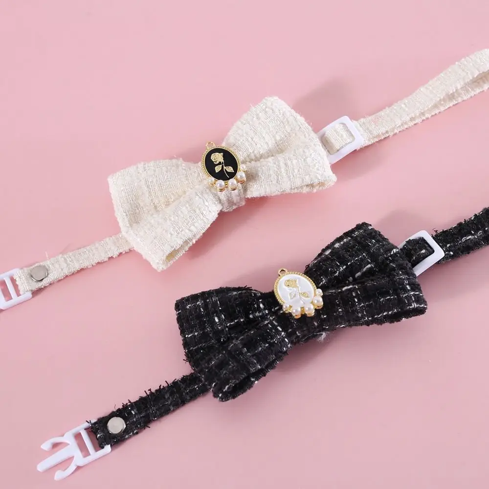 Adjustable Cat Pearl Plaid Collar Cotton Anti suffocation Bowknot Dog Collar Pet Accessories Retro Cat Plaid Necklace Dogs