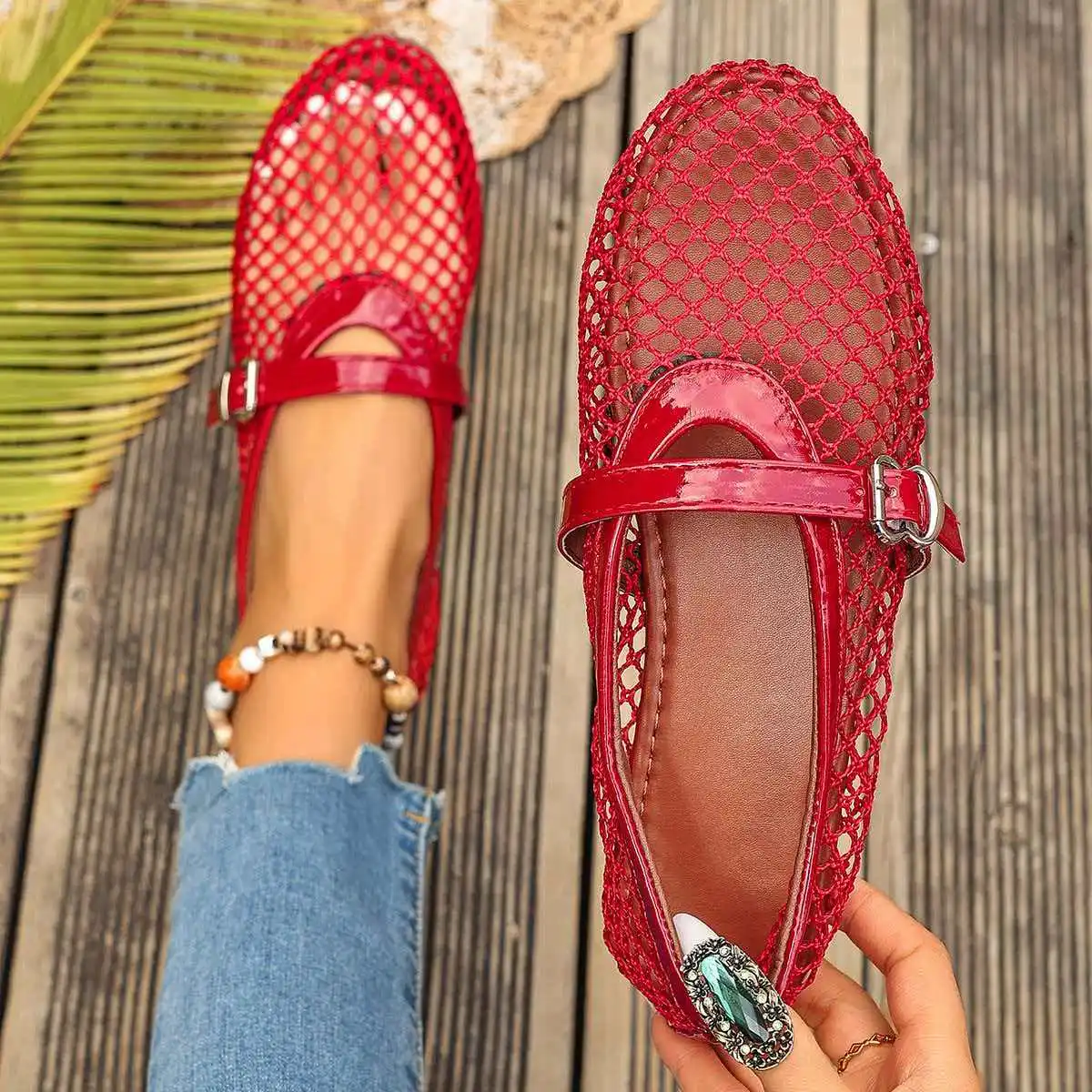 

Женские сандалии, дышащая сетчатая обувь на плоской подошве, женская летняя обувь большого размера, женские удобные сандалии с пряжкой и ремешком