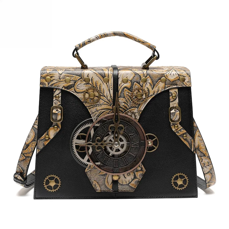 Steampunk Gear Duke Handbag with Clock & Gears Design, Vintage Gothic Crossbody Purse, Retro PU Leather Shoulder Bag for Cosplay