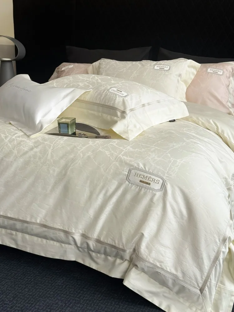 Luxury Korean Bedding Set 100% Cotton Linens Cream Marble Texture 2-Person Cotton Bed Linen King Queen Size 4Pcs