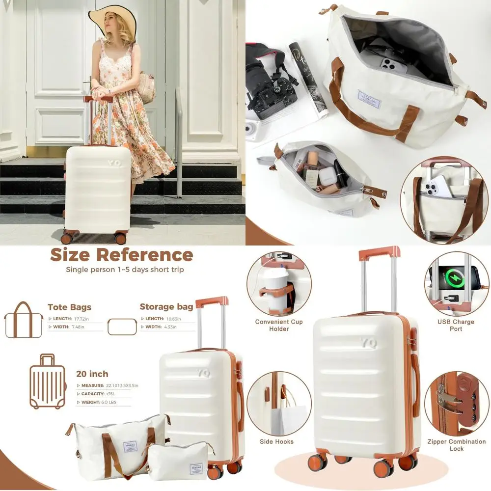 

10-Piece Airline Approved Luggage Set with USB & Cup Holder, Ideal for Business Travelers (White)