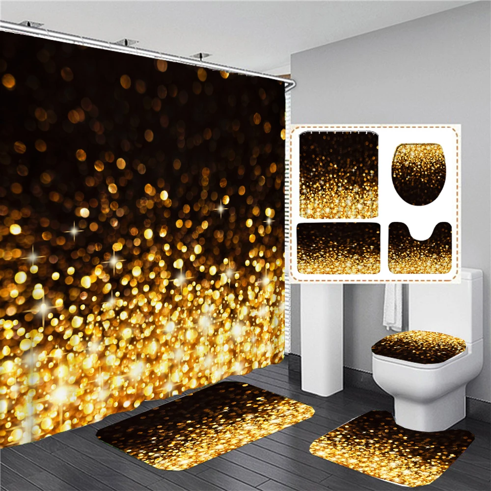 Golden Dream Mosaic Print Shower Curtains Shiny Decor for Bathroom Polyester Fabric Decorative Bath Screen Toilet Cover Carpet