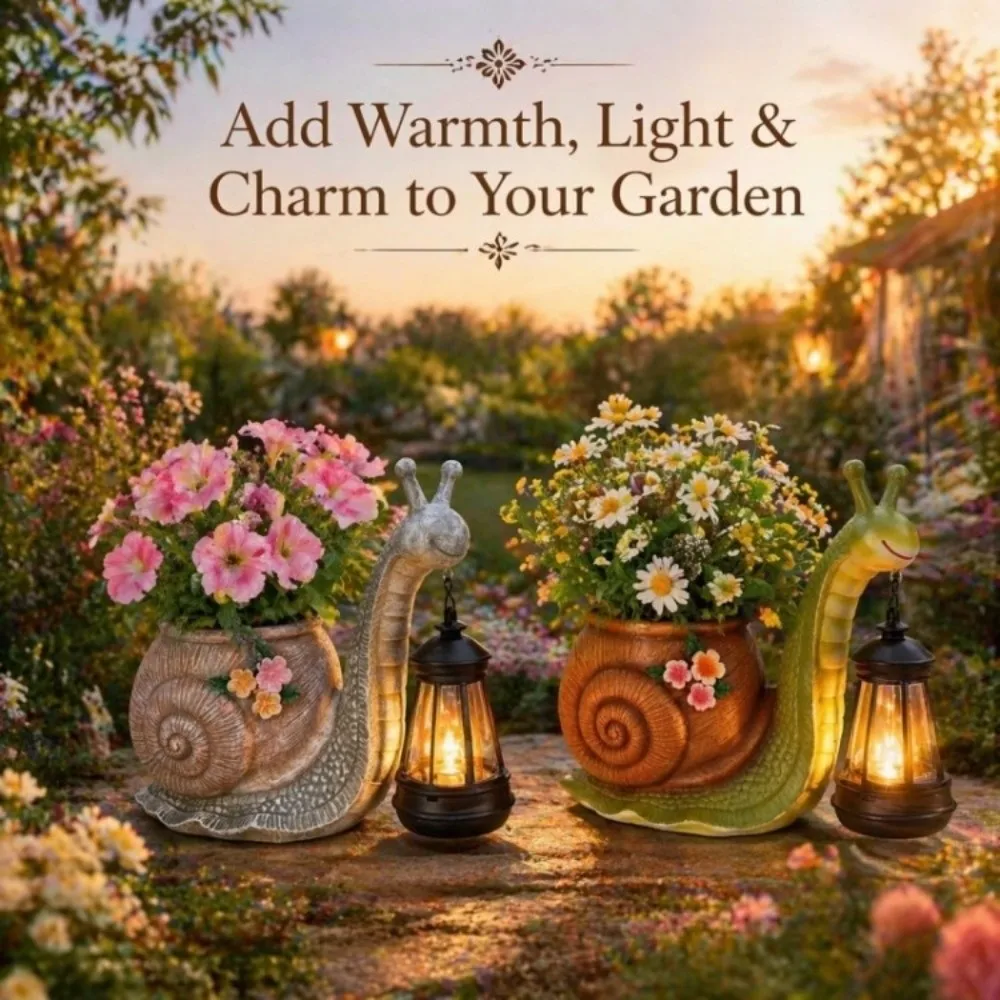 Resin Snail Statue Planter Decorative Sun Proof Snail Holding Solar Lantern Eco Plant Pot with Warm LED Light Garden Vase