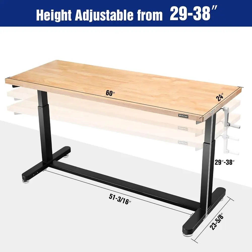 Adjustable 60 Standing Desk Workbench with Crank, Wooden Top, Casters, 29-38 Height Range, Supports 500 lbs