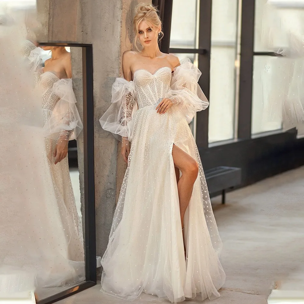 

Elegant Detachable Long Puff Sleeves Sweetheart Dot Tulle A Line Wedding Dresses Custom Made Bridal Grown 2025 Vestido De Noival