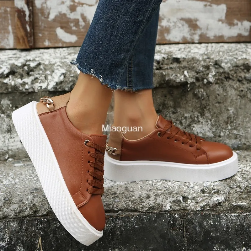 Women's Shoes 2025 New Flats Sports Casual Fashion Sneakers Lace Up Large Size 43 Solid Color Casual Shoe Classic Spring Autumn