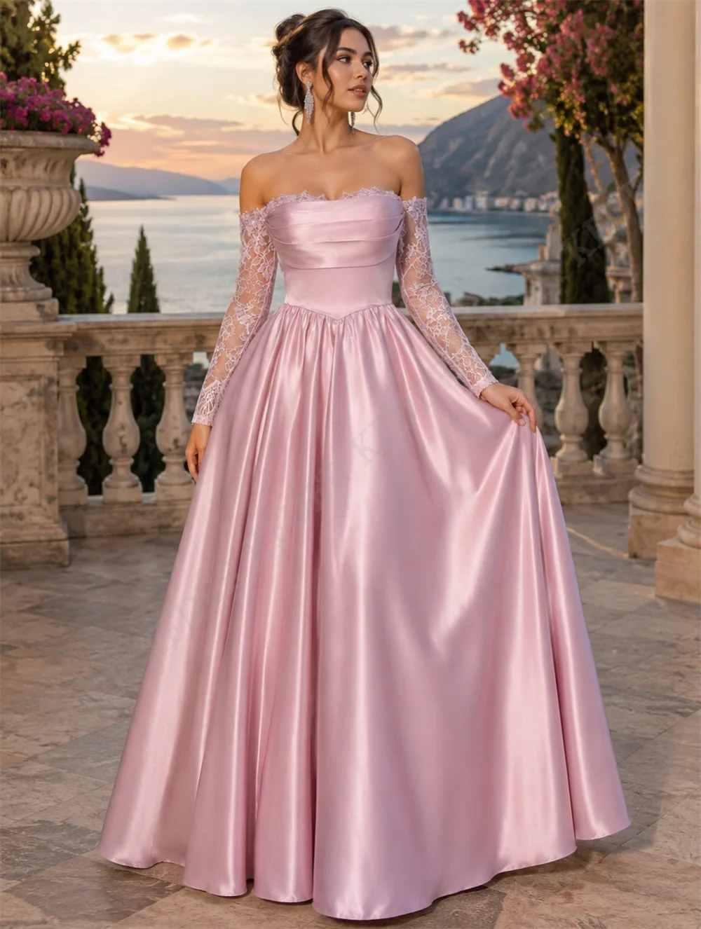 Pink Lace A Line Bridesmaid Dress 2026 Full Sleeves Pleated Satin Maid Of Honor Dresses A Line Party Gown Party Dresses
