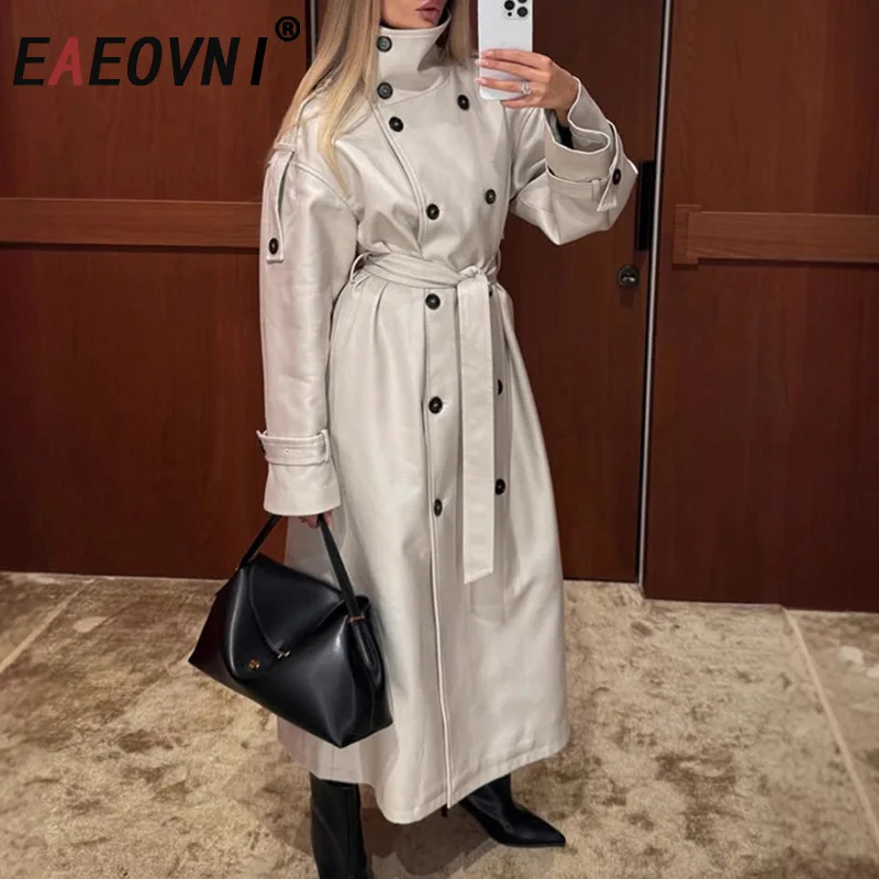 

EAEOVNI темпераментный осенний длинный плащ женский воротник-стойка пояс с двойной пуговицей ветровка мода 2025 новая одежда