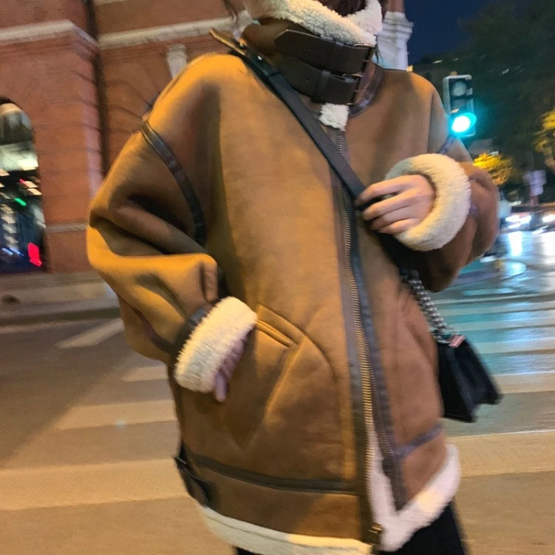 Модная куртка-бомбер на молнии из овчины, верхняя одежда, женская теплая зимняя парка из искусственного меха, замши, парки из овечьей шерсти, пальто