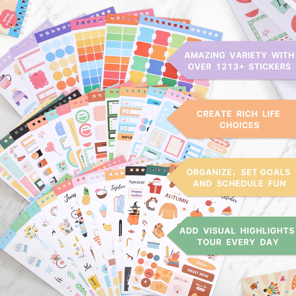 1213pcs Colorful Paper Label Sticker Book Daily Notes Marking Aesthetic Planning Coil Sticker Book Journal Scrapbooking Supplies