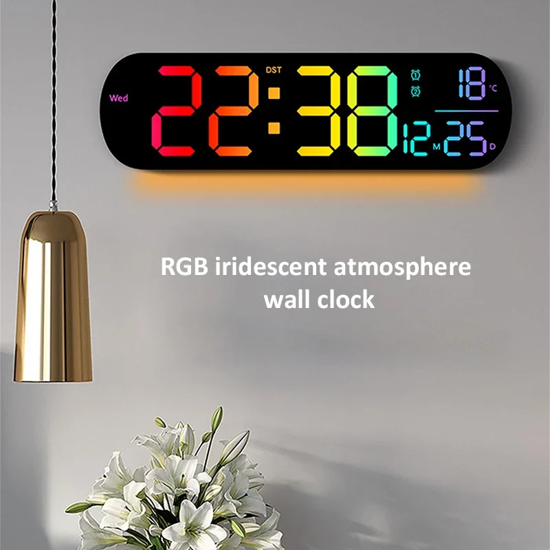 LED Luminous Digital Wall Clock With Remote Control Ambient Lights 14'' Creative RGB Alarm Clock  Date Temp Display  Home Decor