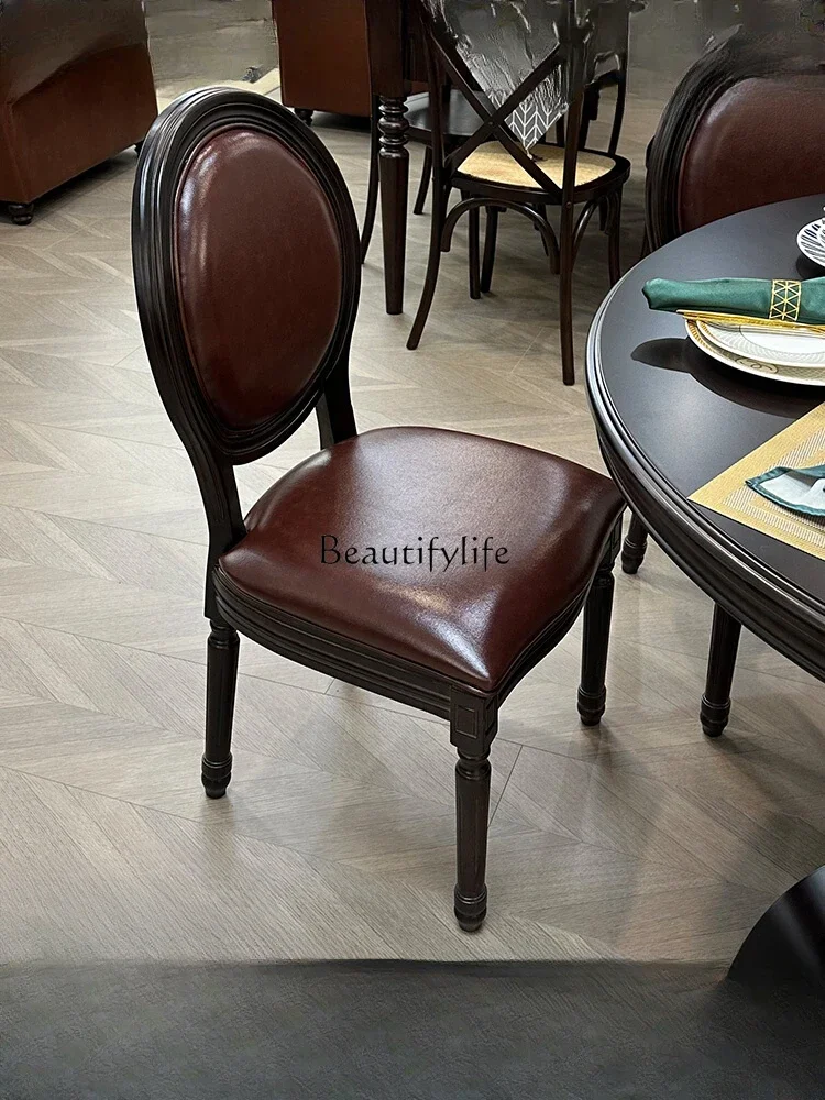 FG**American pure solid wood dining chair small apartment dark retro microfiber leather soft bag eating chair