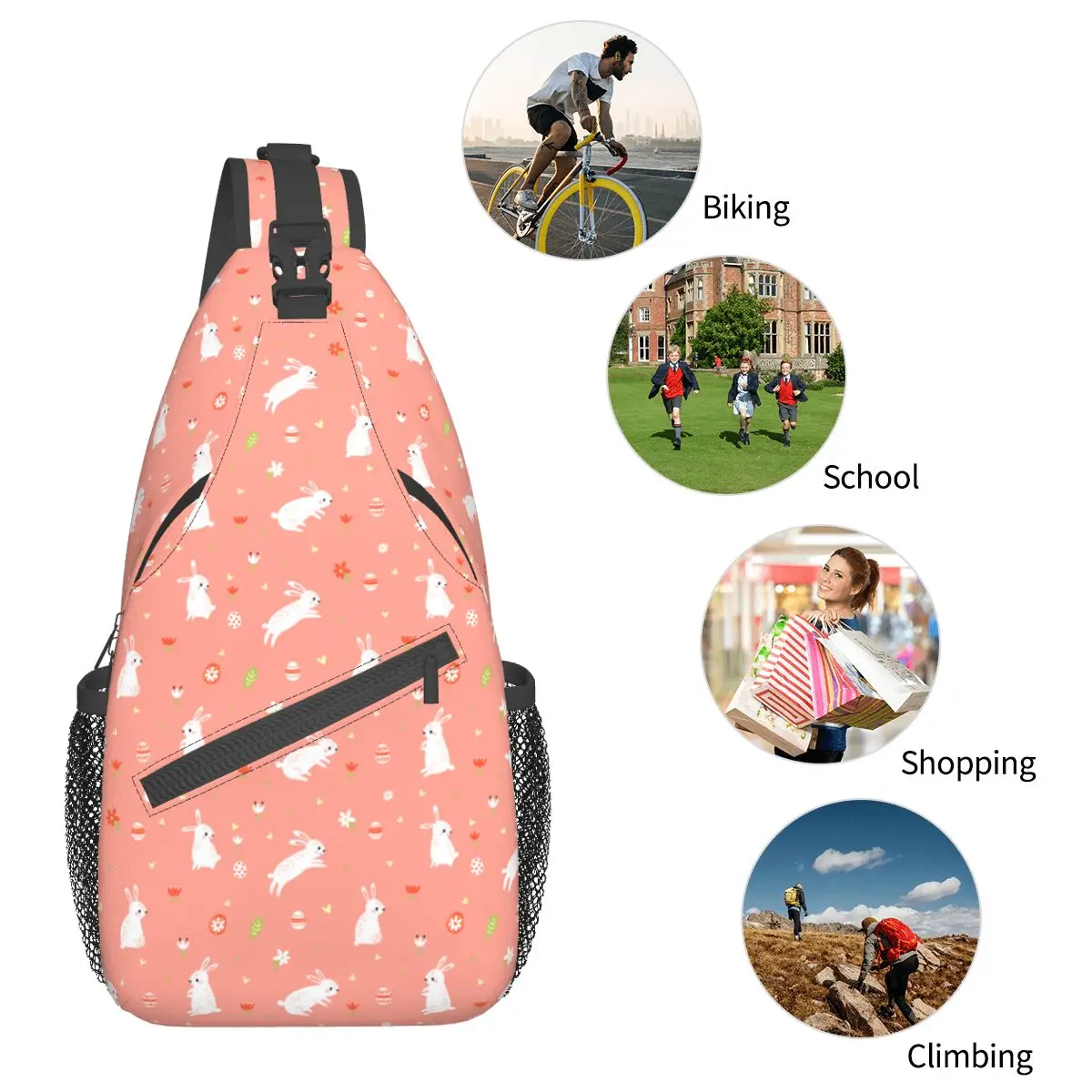 Wielkanocne zające i kwiaty woreczki strunowe torba Crossbody na klatkę piersiową z paskiem na ramię plecak Outdoor Sports Daypacks królik mężczyźni kobiety torby szkolne