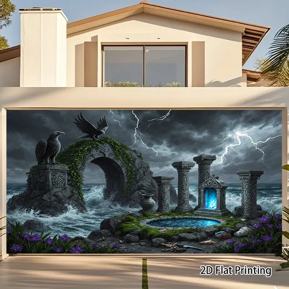 2D Flat, 1pc Mysterious Caves & Stormy Seas Greek/Roman Mythology Wall Tapestry - UV Printed Large Columns & Greek Key Border Da