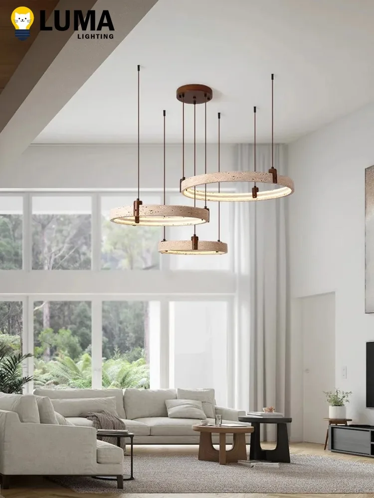 Wabi-Sabi Japanese Style Yellow Travertine Ring Chandeliers, Natural Cave Stone Circle Pendant Light Livingroom Home Decor