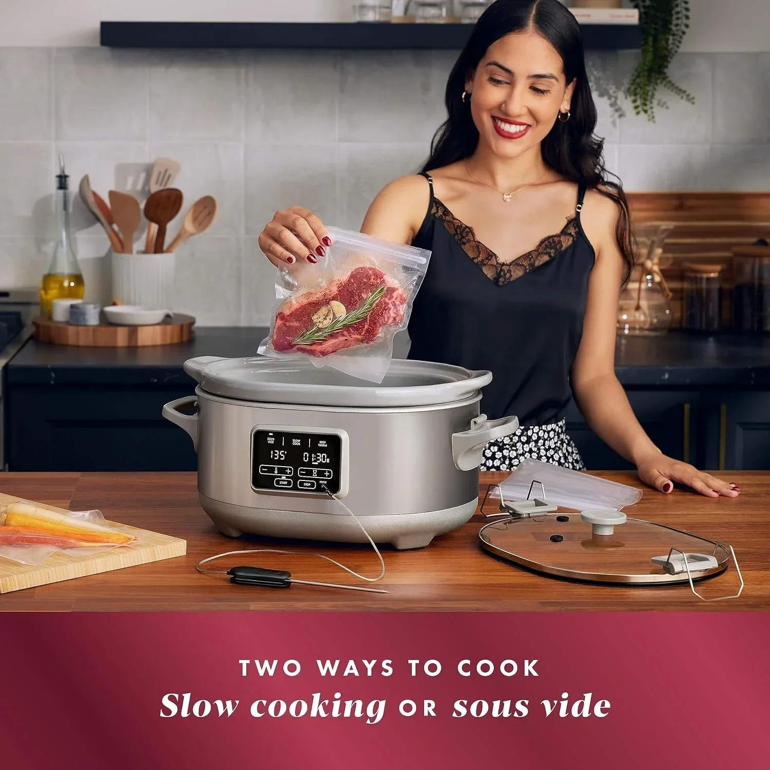 7-Quart Cook & Carry Slow Cooker with Sous Vide Function, Family-Sized Slow Cooker Warms up to 30 Hours, Modern Digital Display