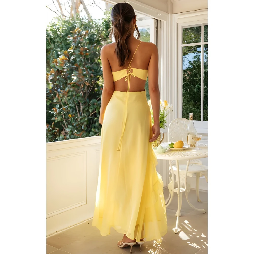 ESBRIDE Happy Sharon Abiti 2025 Nuova sera Abito da sera giallo di lusso senza maniche Elegante abito da cerimonia nuziale personalizzato