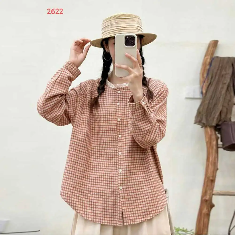 Japanese Mori Girl Vintage Plaid Shirts Women Autumn New Lace Stand Collar Long Sleeve Casual Loose Blouse Tops