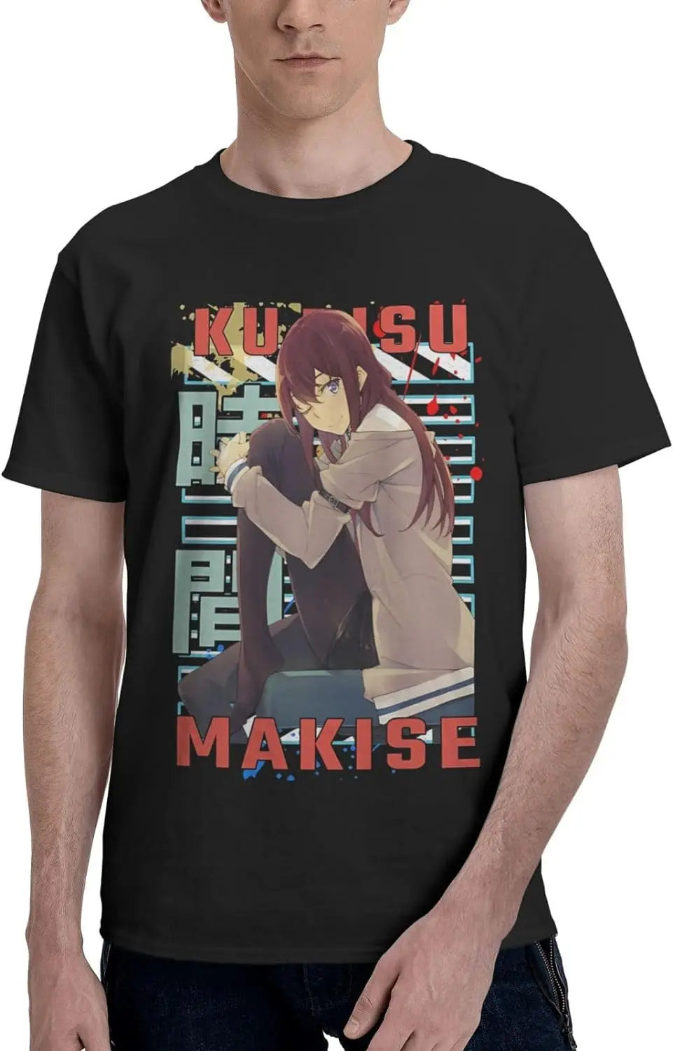 Anime Steins Gate T Shirt Mens Summer Round Neck Shirts Casual Short Sleeves Tee Black