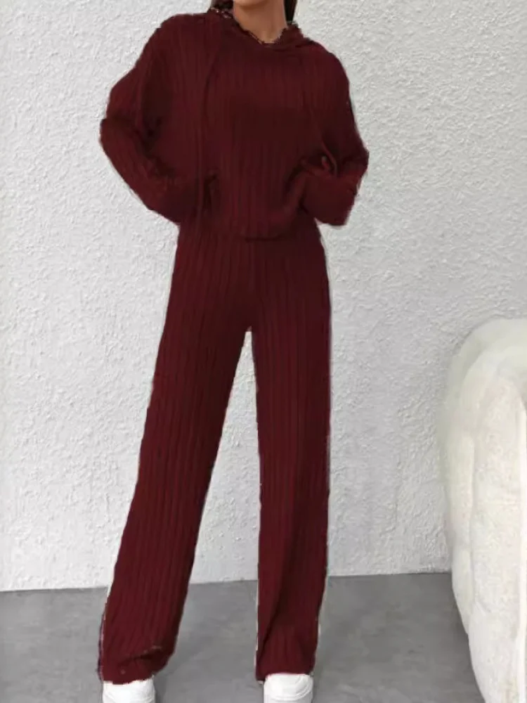 

2024 Autumn New Casual Knitted Striped Hoodie Loose Long Sve Pants Set Women's Comfortable Breathable Polyester Fabric