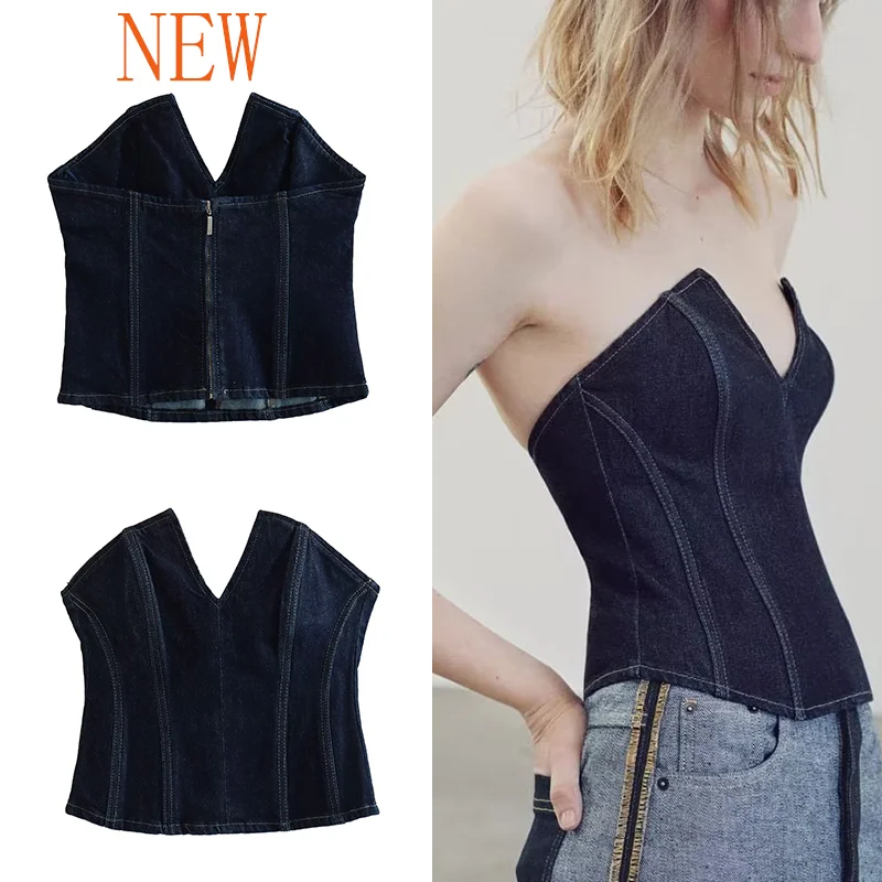 Women Denim Vest 2024 Women\'s Corset Crop Top Y2k Streetwear Summer Women\'s Clothing Vintage Top