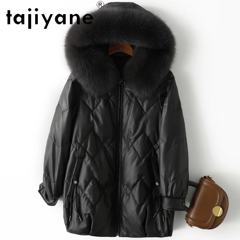 TAJIYANE 100% أعلى الحبوب جلد الغنم أوزة أسفل معطف أسود جلد حقيقي سترة منفوخة النساء مع الثعلب الفراء طوق 2025 الملابس الشتوية