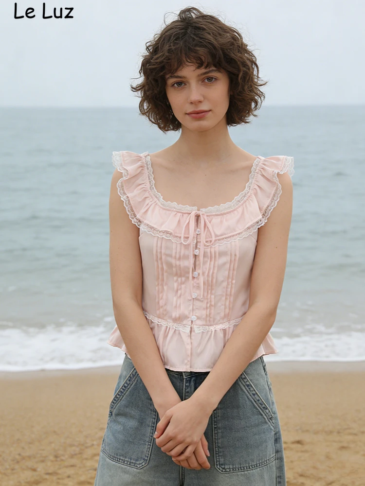 

Floral Chic Cropped Lace Blouse Shirt Women Pink Summer Sleeveless Tie Up V-neck Sexy Casual Vocation Ladies Shirts Tops New