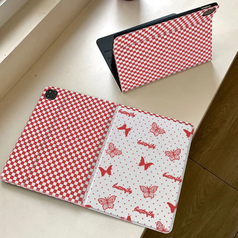 Red checkered butterfly Book/trifoldsPAD CASE For iPad pro 10/11/2020/7th /8th /Air 3rd/Air 4th/9th gen/Air 5th Gen 2022/Air 11