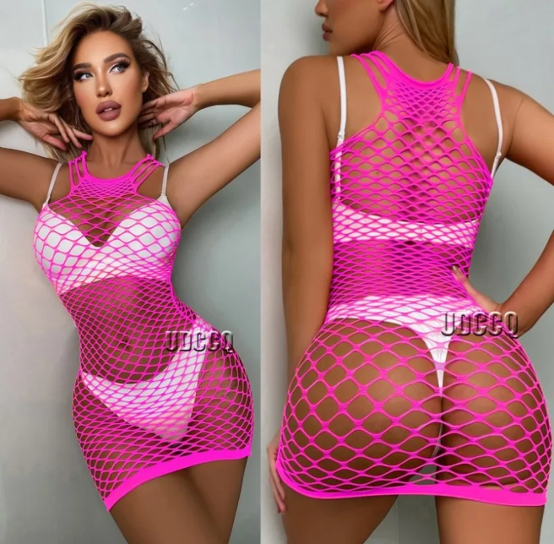 Sexy crochet Fishnet Cosplay Lingerie Babydoll Underwear costumes Chemises Teddies Sleepwear hoot sexy dress fluorescent pink