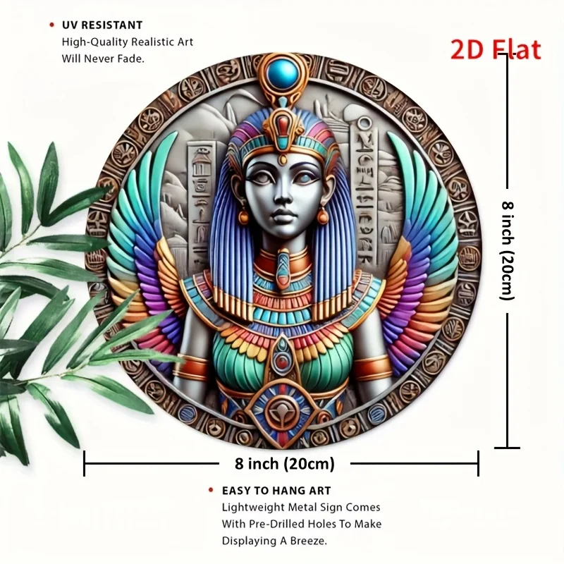 [2D Flat] 1pc 8-Inch Round Tin Metal Sign with Egyptian Goddess Design - Waterproof 2D Flat Wall Art Decor for Home, Bathroom, a