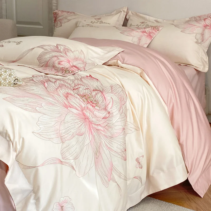 Pink Flowers Embroidery Bedding Set Luxury Egyptian Cotton Duvet Cover sets Flat/Fitted Bed Sheet Pillowcases Home Textiles