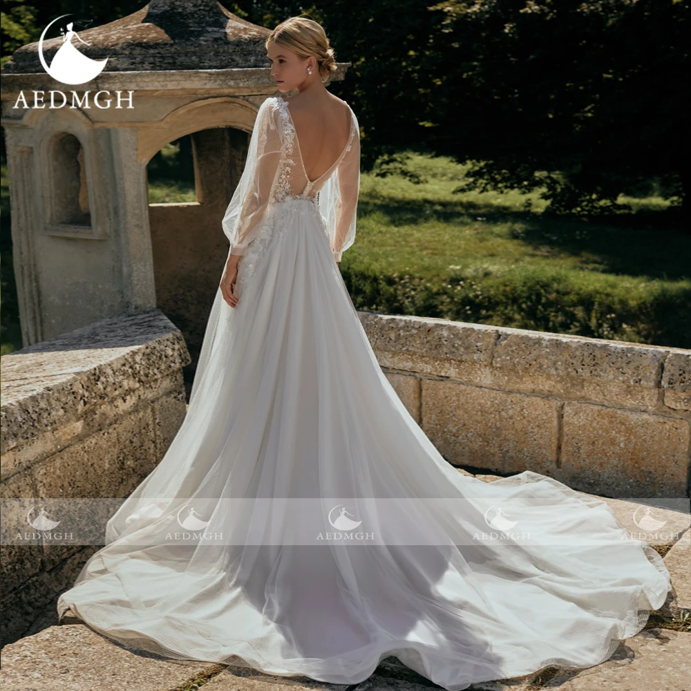 Aedmgh A-Line Chic Wedding Dresses O-Neck Long Puff Sleeve Vestido De Novia Lace Beaded Appliques Tulle Custom Made Bridal Gown