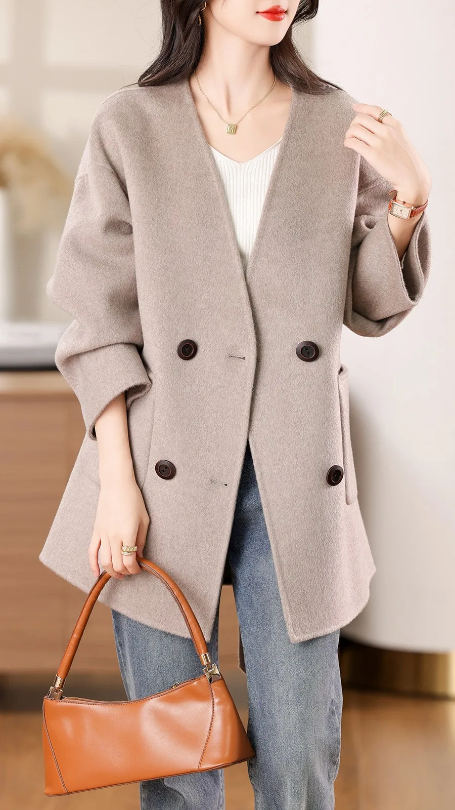 

Autumn and winter new 100% pure wool V-neck high-end elegant mid size waist cinched double-sided wool woolen fashionable jacket