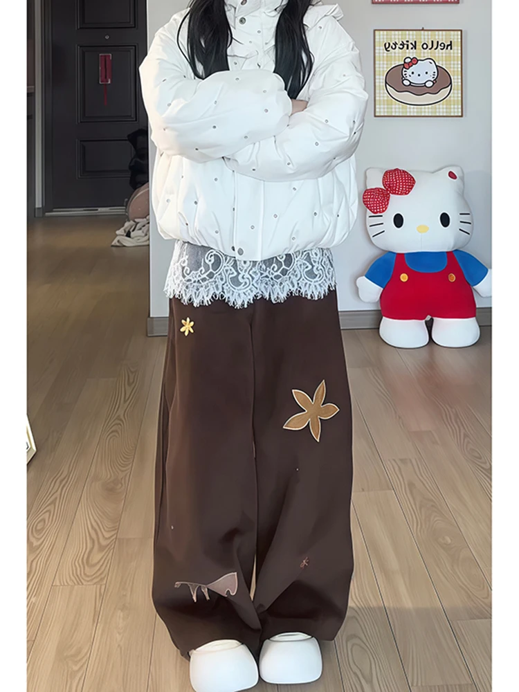 

"Autumn and Winter Brown Corduroy Pants Women Vintage Embroidery Pattern Patchwork Fashion Versatile Casual Trousers"