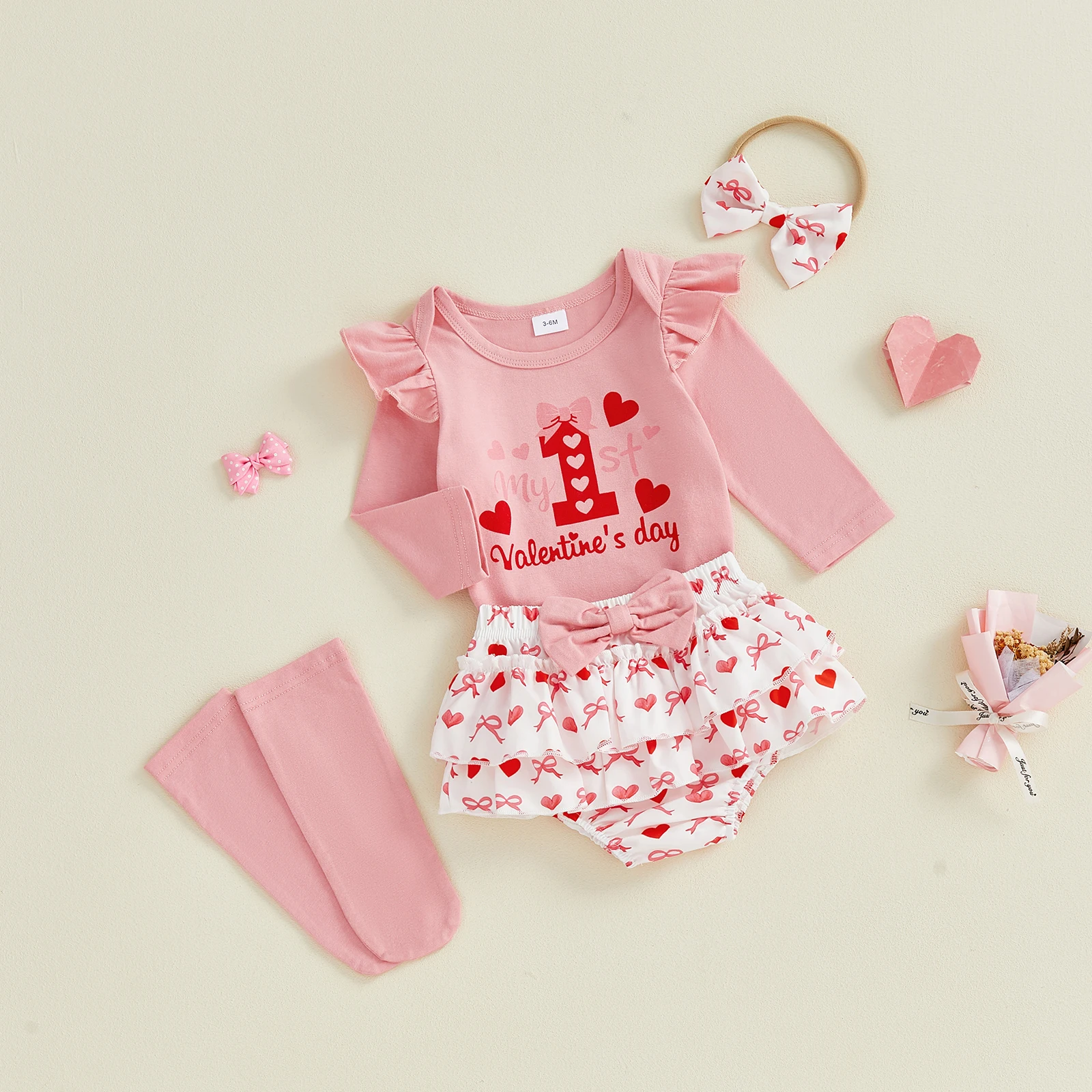 Baby Girl Valentines Day Outfit Fashionable Long Sleeve Letters Heart Printed Romper with Ruffle Skort, Headband and Stockings