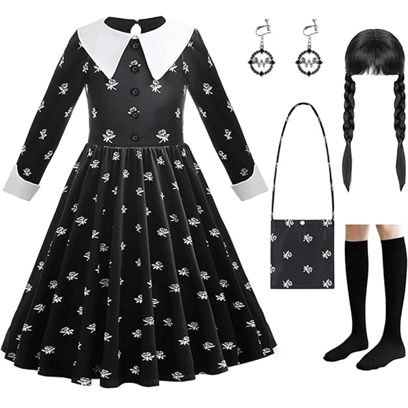 Kid Black Halloween Costume Dress For Girl Cosplay Princess Carnival Outfit With Wig Bag Earrings Socks Girls Role Play Costume