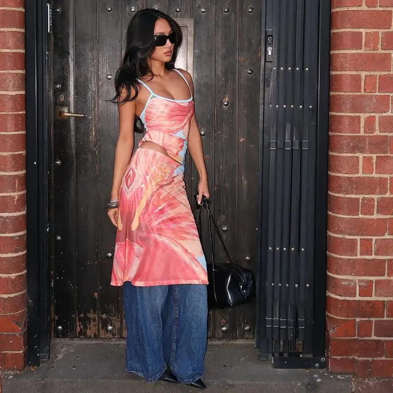 

Женский топ на бретельках с принтом, комплекты с юбкой на бедрах, женский шикарный модный костюм Y2K, женский сексуальный костюм Hotsweet, вечерние, ночной клуб, тропический праздник, комплект из 2 предметов