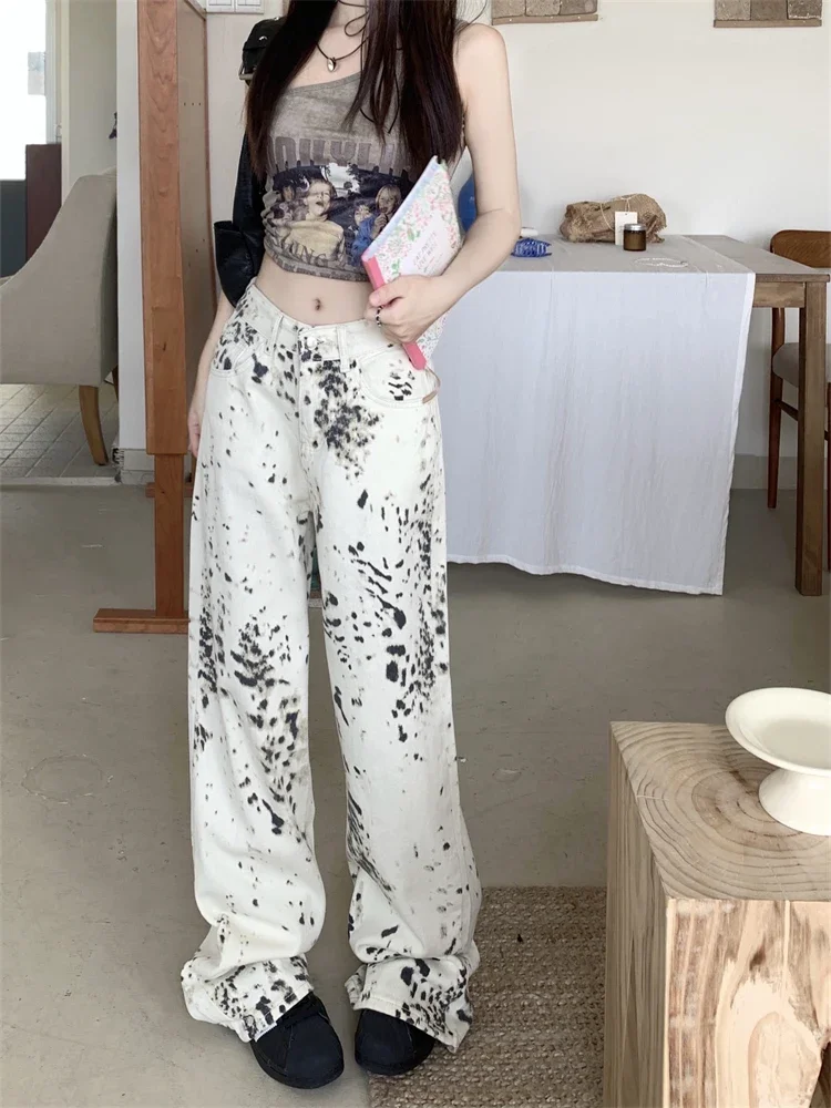 Women's White Leopard Print Casual Pants Cool Girl Retro Wide-leg Streetwear Female High Waisted Y2K Straight Baggy Trouser