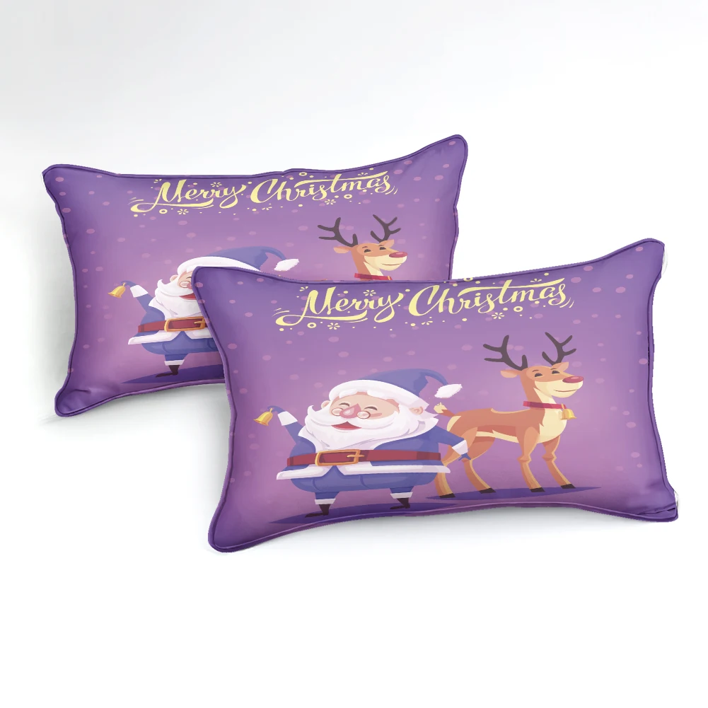 Purple Beddings Cover Set Reindeer Snowman Christmas Duvet Cover Set Happy Christmas with Matching Pillow Case