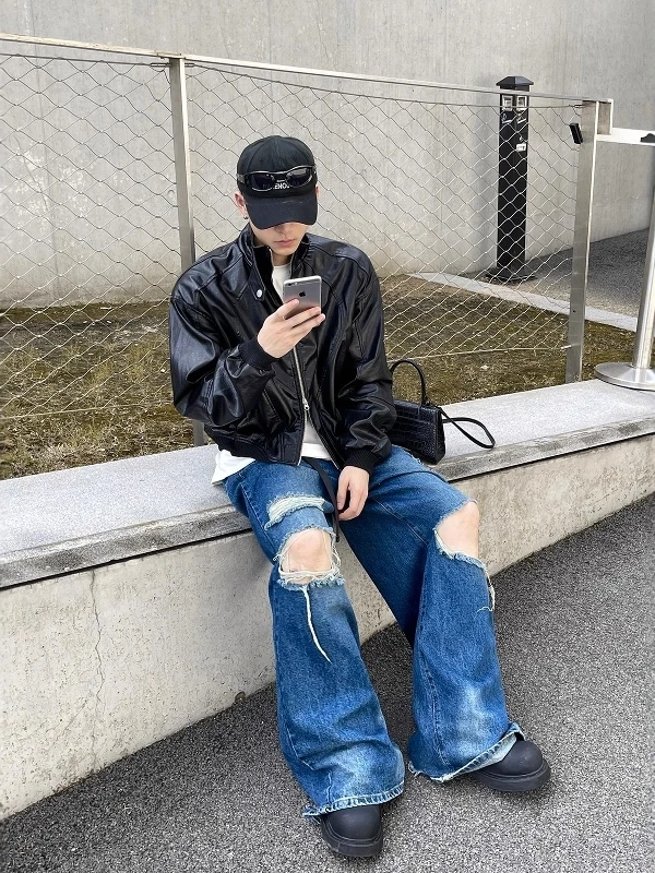 Ретро американский мотоцикл Sle ort Bla кожаный джгут для мужчин модная уличная одежда из полиэфирного волокна длинная застежка-молния