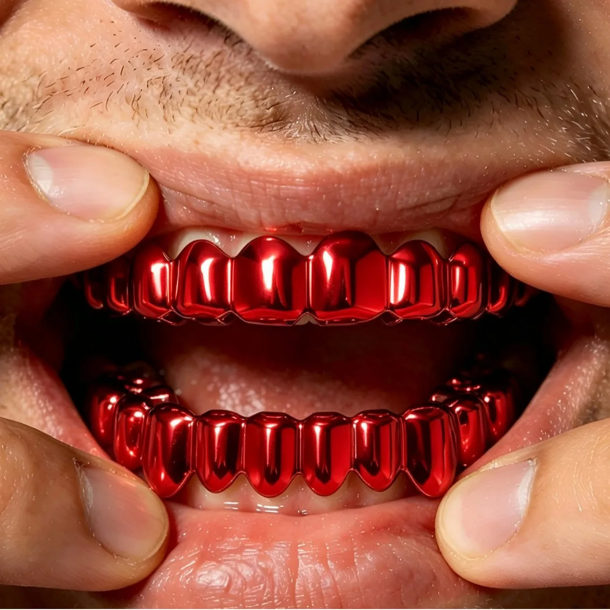 Red Grillz Teeth Set Copper Tooth Cap Upper Lower Dental Jewelry Hip Hop Rapper Streetwear Fashion Mouth Jewelry Men Women Party