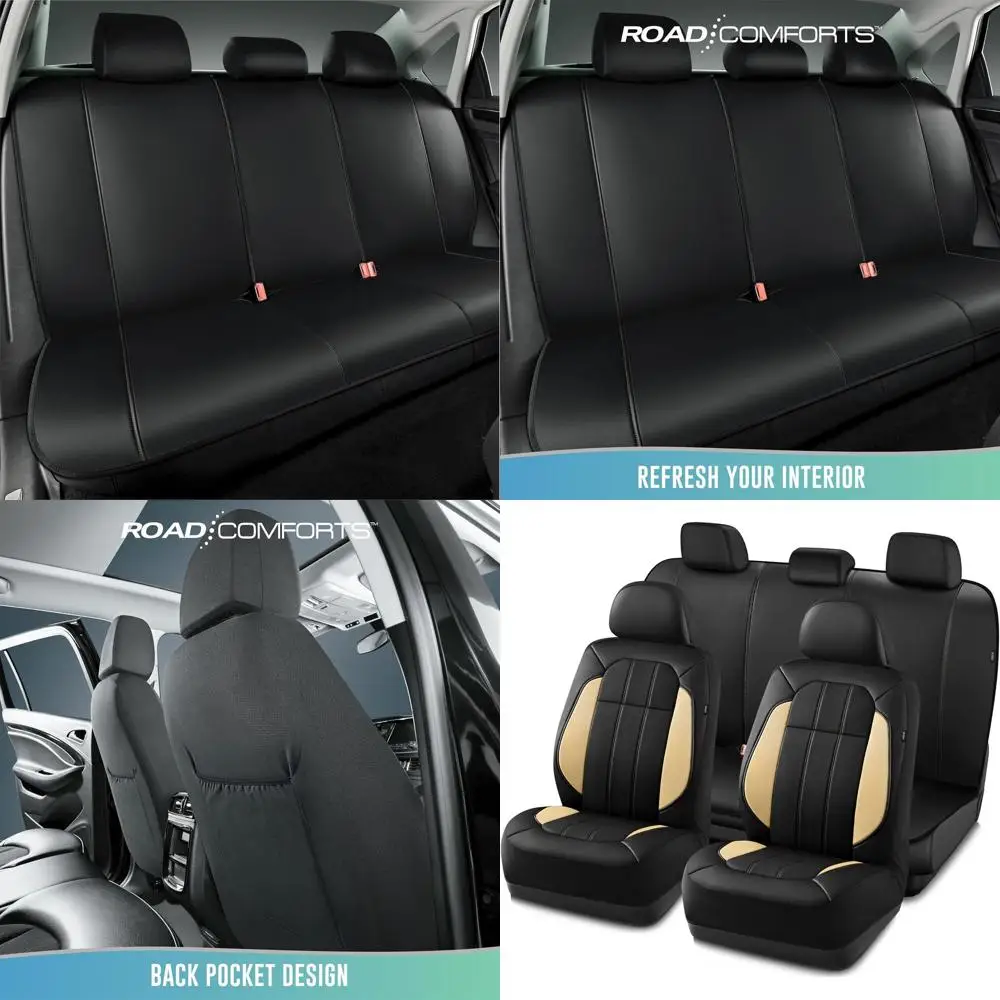

Breathable Beige Leather Car Seat Covers, Full Set Airbag Compatible, Universal Fit for Cars, Vans, Trucks, SUVs