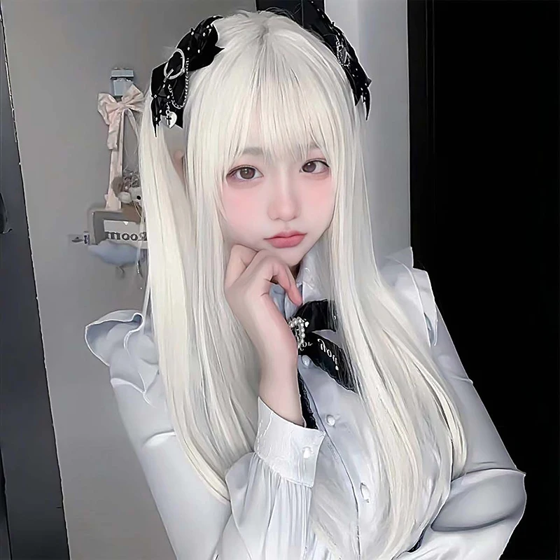 Femme Lolita Match cheveux longs raides bande dessinée exposition rôle vêtements habiller chapeaux frange droite perruque 2D Cos postiche
