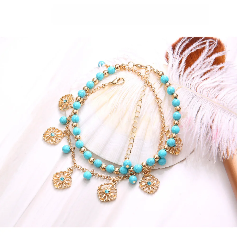 2025 New Women's Turquoise Beaded Gold color Anklet（one piece）  Set Double-Layer Flower Charm Beach Style Anklet Fashion Daily