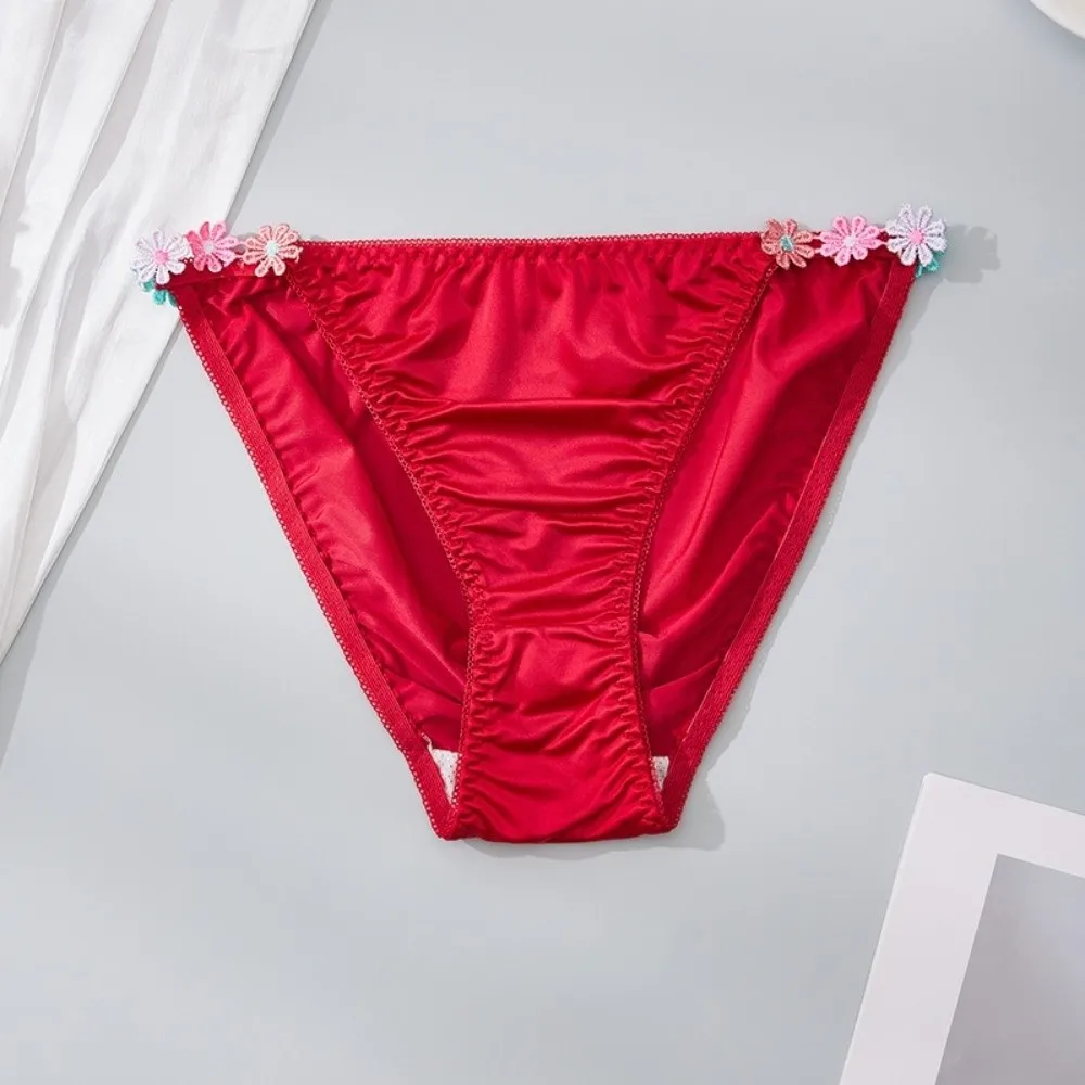 Einfache, niedrig geschnittene Satin-Seiden-Slips, Unterhosen mit Baumwoll-Zwickel, Blumenmuster, atmungsaktive Damenunterwäsche – Detail 5