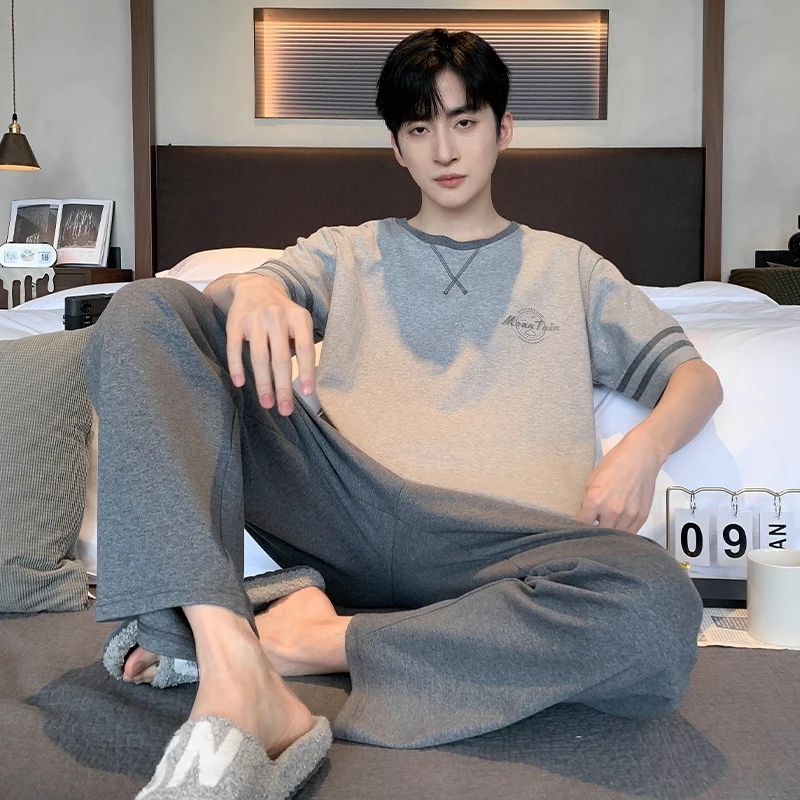 Cotton Short Sleeve Long Pant Pajama set Men's Summer plus size Spring Loungewear Korean Nightwear Young Boy Pijamas Hombre