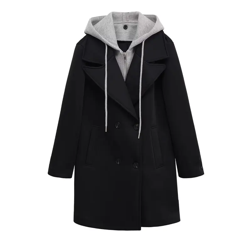 Detachable Drawstring Spliced Hat Coat Women's Fashion Outerwear Autumn New Arrival 2025 Other Material 100%