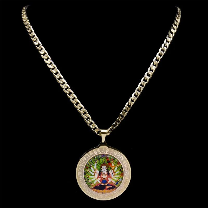 Zhunti Buddha Mother Statue Mantra Pendant Necklace Round Medal Women Men Stainless Steel Gold Color Chain Jewelry Gift collares