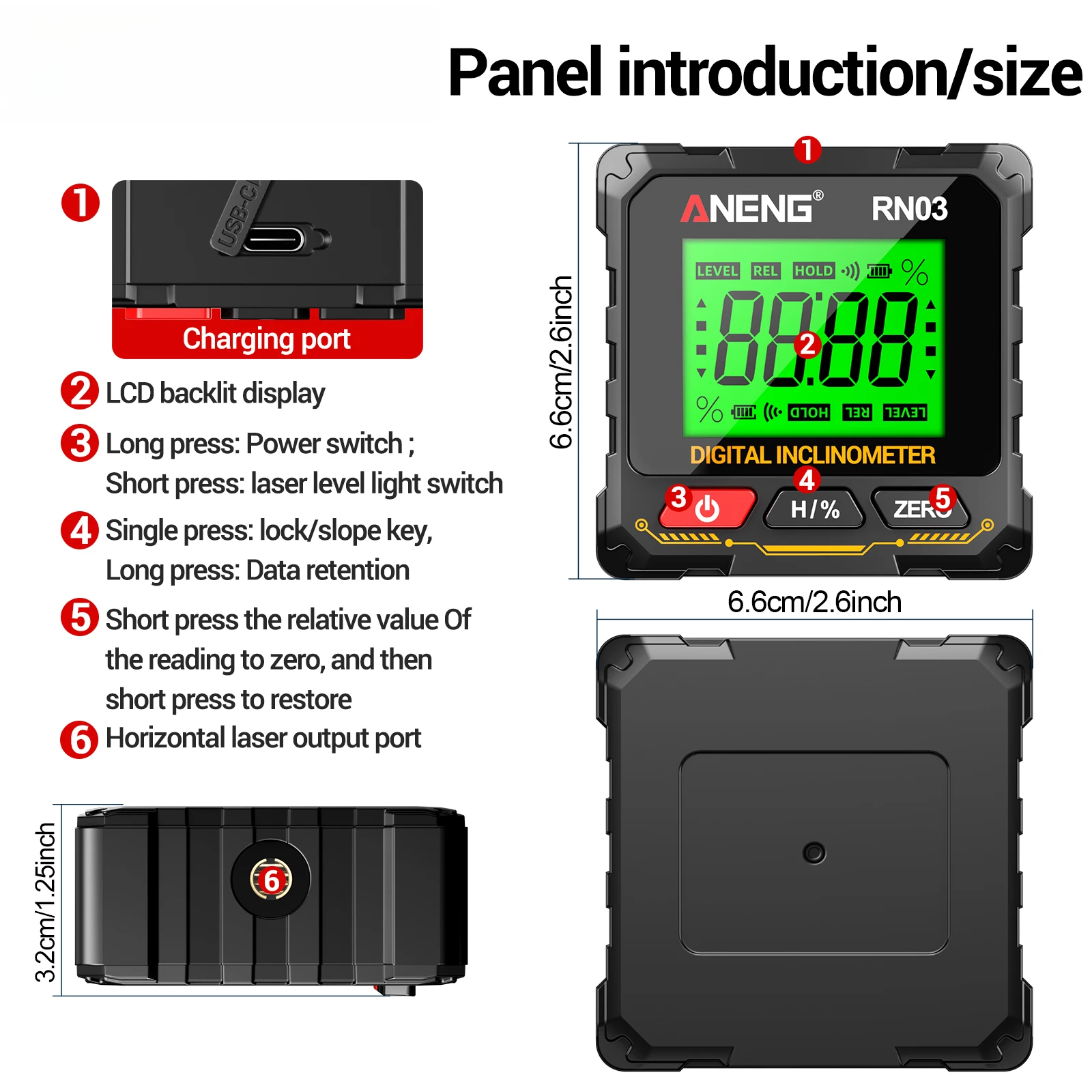 Laser Digital Inclinometer ANENG RN01/RN02/RN03 Angle Gauge 360° Magnes Protractor 0.05° Accuracy Level Box for Woodworking Tool