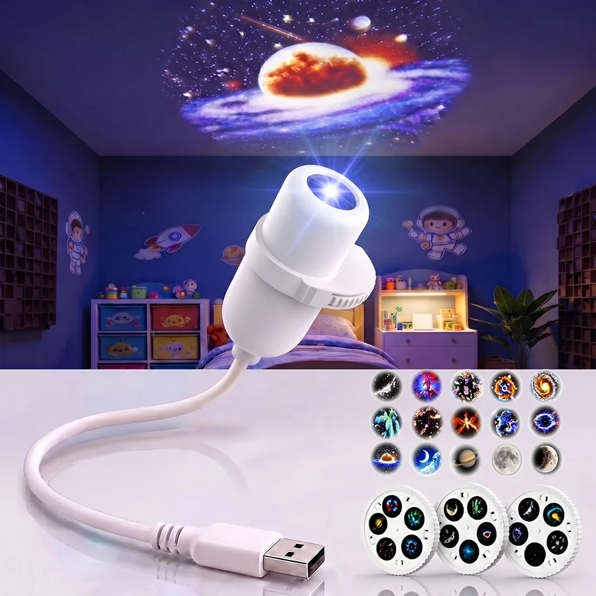 15 Patterns Starry Sky Projector Light USB 360° Rotation Planet Moon Galaxy Projection Lamp Flexible Bedroom Car Interior Decor